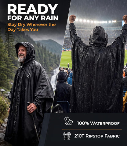 Foxelli Extra Long Rain Poncho for Tall Adults, Reusable Waterproof Hooded