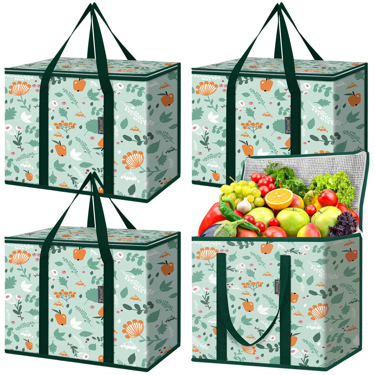 BALEINE Insulated Reusable Grocery Bags with Zippered Top, Large Cooler Bag
