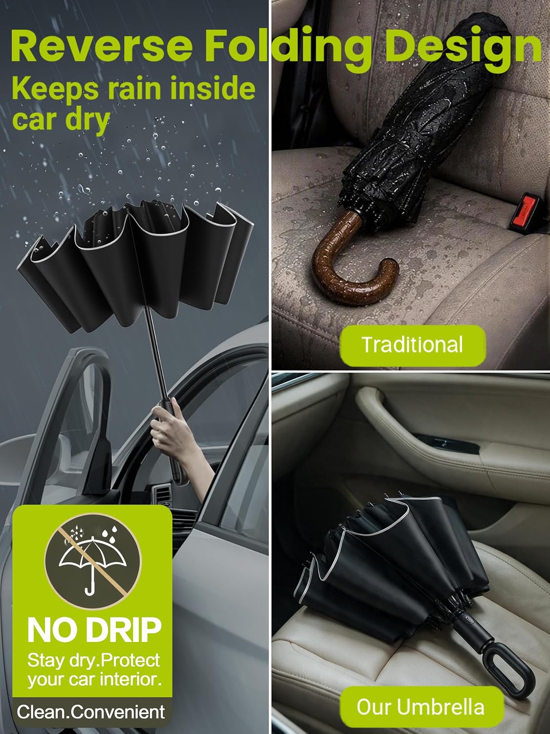 Auto Reverse Folding UV Travel Umbrella, Rain Sun Use, 360 Reflective