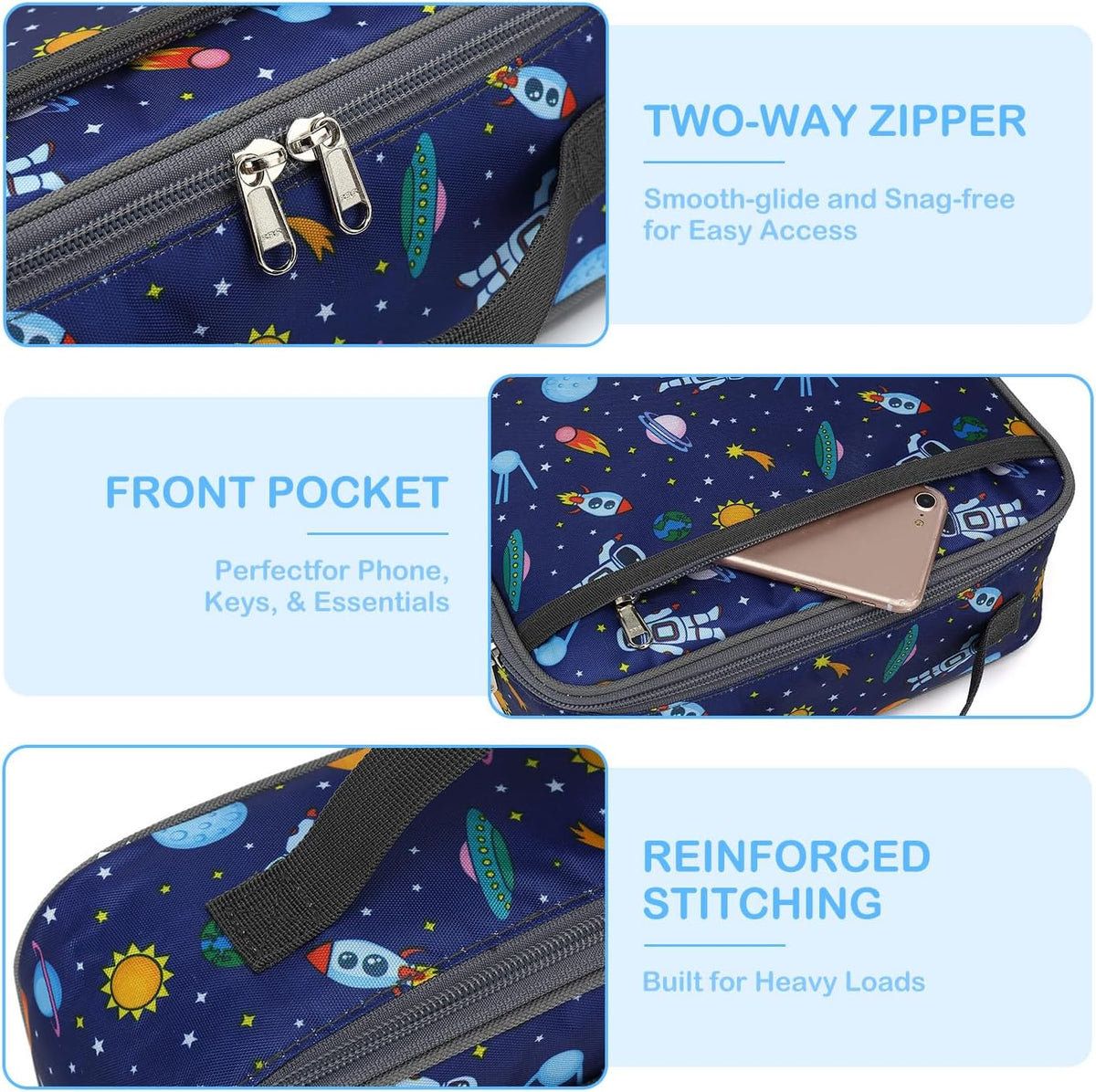 FlowFly Kids Lunch box Insulated Soft Bag Mini Cooler Back to School Thermal Meal Tote Kit for Girls, Boys, Astronaut