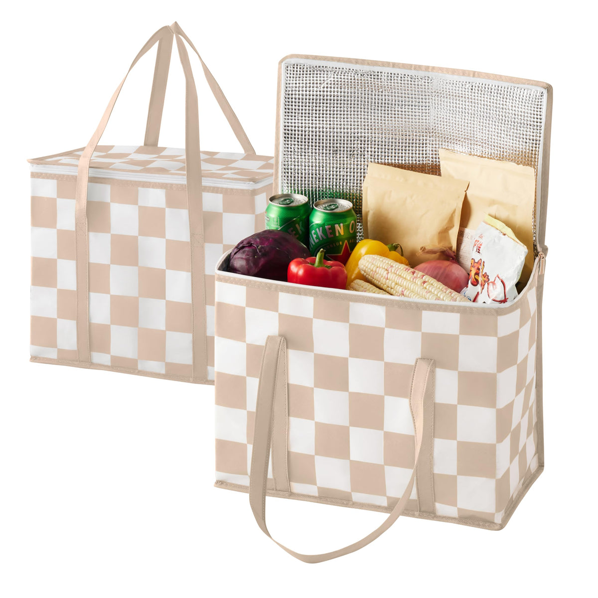 Ohocut Beige Checkered Insulated Grocery Bags 2 Pack, Checkerboard Cooler Shopping Bags for Groceries, Insulated Bags for Food Delivery
