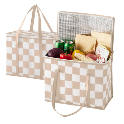 Ohocut Beige Checkered Insulated Grocery Bags 2 Pack, Checkerboard Cooler Shopping Bags for Groceries, Insulated Bags for Food Delivery