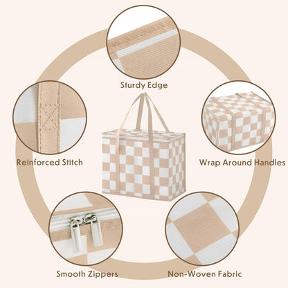 Ohocut Beige Checkered Insulated Grocery Bags 2 Pack, Checkerboard Cooler Shopping Bags for Groceries, Insulated Bags for Food Delivery
