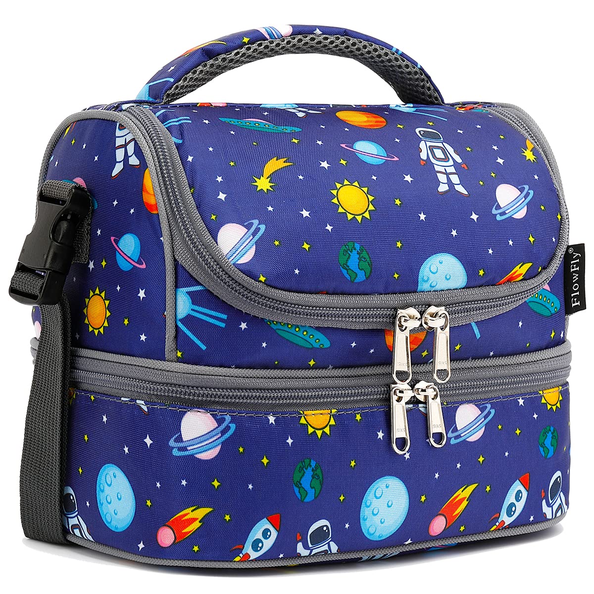 FlowFly Double Decker Cooler Insulated Lunch Bag Large Tote for Boys, Girls, Men, Women, With Adjustable Strap,Black
