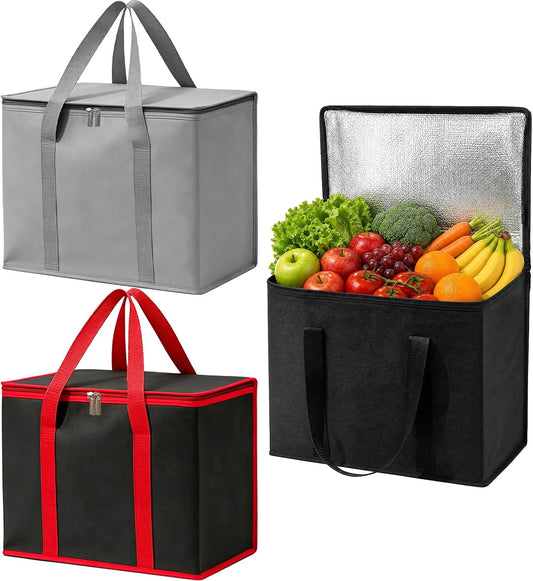 3 Pack Insulated Reusable Grocery Bags, 60LBS Heavy Duty Cooler Tote with Triple Layer Thermal Insulation, Collapsible and Stands Upright for Shopping, Picnic, Delivery