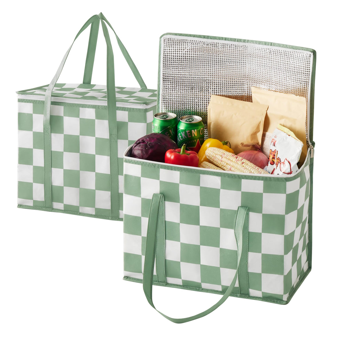 Ohocut Beige Checkered Insulated Grocery Bags 2 Pack, Checkerboard Cooler Shopping Bags for Groceries, Insulated Bags for Food Delivery