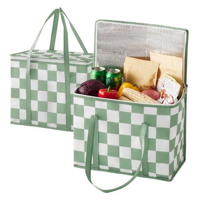 Ohocut Beige Checkered Insulated Grocery Bags 2 Pack, Checkerboard Cooler Shopping Bags for Groceries, Insulated Bags for Food Delivery
