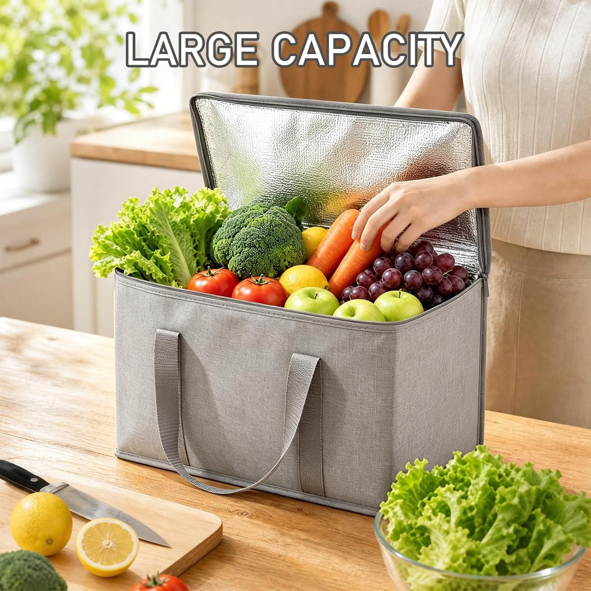 3 Pack Insulated Reusable Grocery Bags, 60LBS Heavy Duty Cooler Tote with Triple Layer Thermal Insulation, Collapsible and Stands Upright for Shopping, Picnic, Delivery