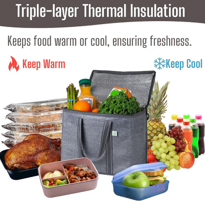 VENO 2 Pack Insulated Grocery Bags, Collapsible Cooler, Hard Bottom, Gray