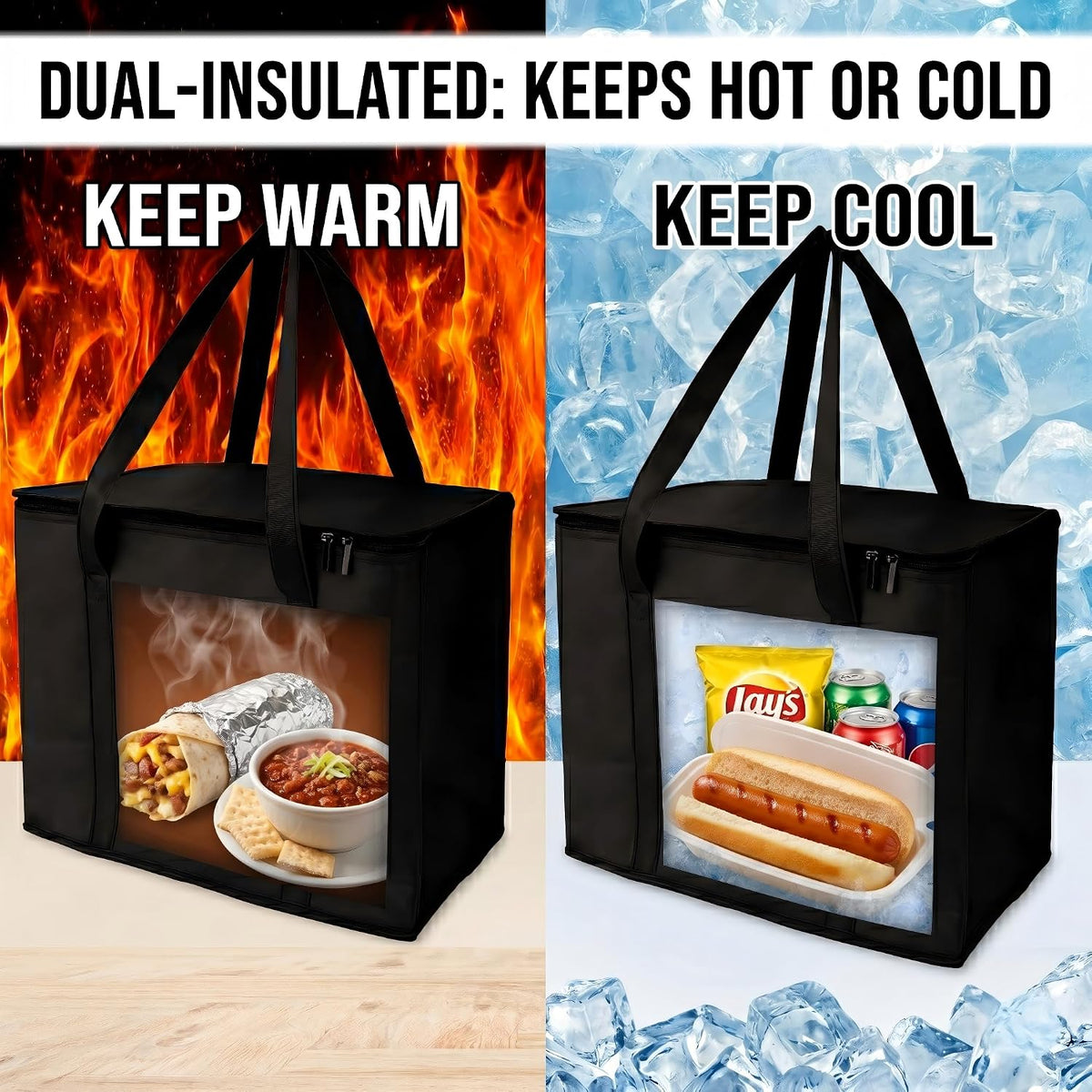 4-Pack Extra Large Insulated Grocery Bags, Collapsible Cooler Bags with Zipper, Multi-Purpose Insulated Tote Bags for Shopping, Camping, Beach, and Trips (16.1" x 10.2" x 13", Black)