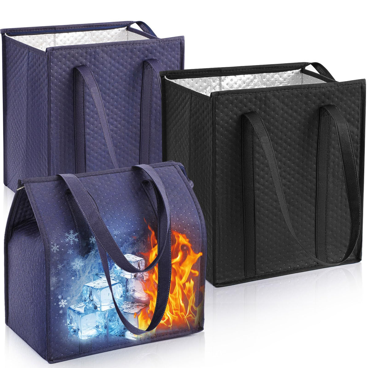 Teenyyou 3 Pcs XL-large Cooler Insulated Reusable Grocery Bags with Zippered Top & Handle—Foldable, Thermal, Cooler Tote Shopping Bags(Navy Blue)