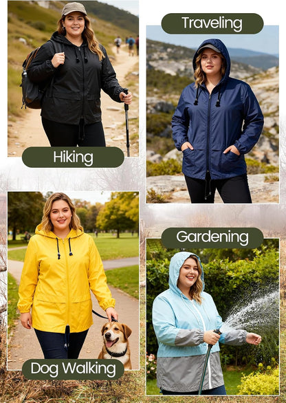 Zando Plus Size Rain Jacket Women Lightweight Packable Hooded Windbreaker