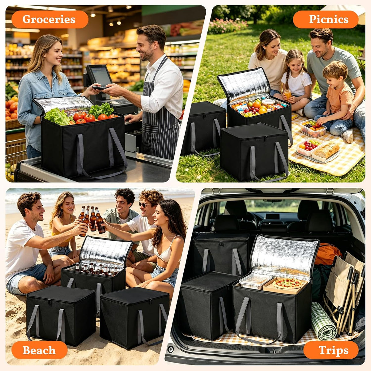 3-Pack XL-Large Insulated Grocery Bags, Soft Cooler Bag with Zipper