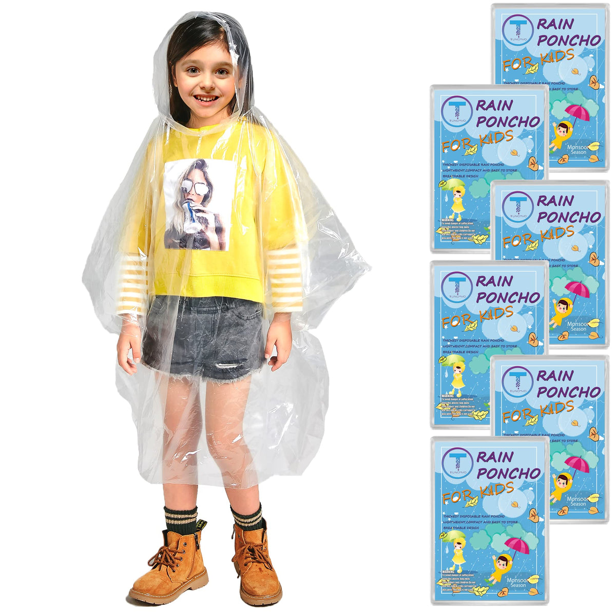 TUNCHMO Disposable Rain Ponchos for Adults & kids 6 Pack Extra Thick
