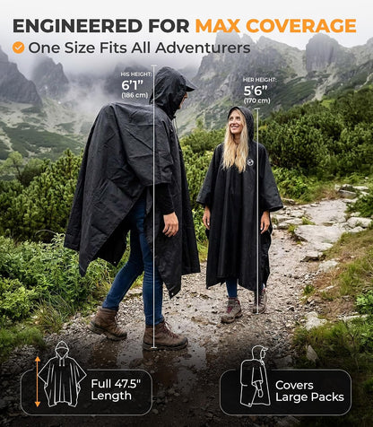 Foxelli Extra Long Rain Poncho for Tall Adults, Reusable Waterproof Hooded