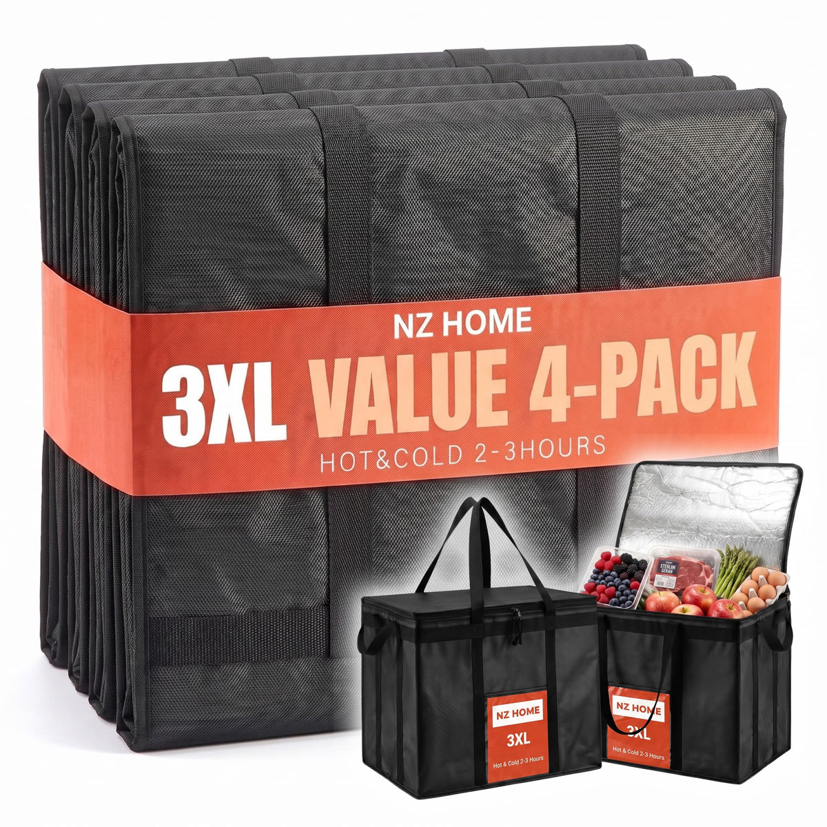 NZ home Insulated Food Bag, Portable Cooler Tote (3XL, Black, 1 Pack)