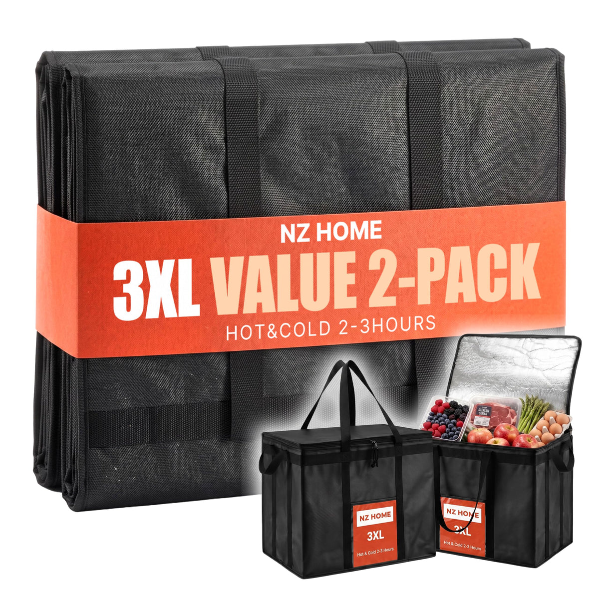 NZ home Insulated Food Bag, Portable Cooler Tote (3XL, Black, 1 Pack)
