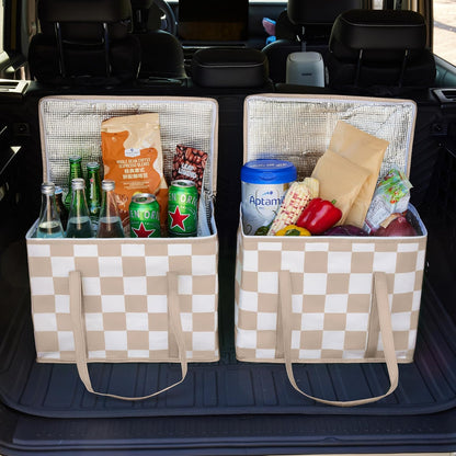 Ohocut Beige Checkered Insulated Grocery Bags 2 Pack, Checkerboard Cooler Shopping Bags for Groceries, Insulated Bags for Food Delivery