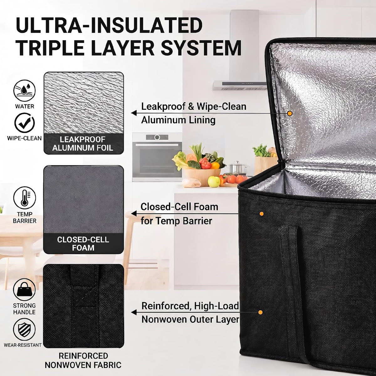 4-Pack Extra Large Insulated Grocery Bags, Collapsible Cooler Bags with Zipper, Multi-Purpose Insulated Tote Bags for Shopping, Camping, Beach, and Trips (16.1" x 10.2" x 13", Black)