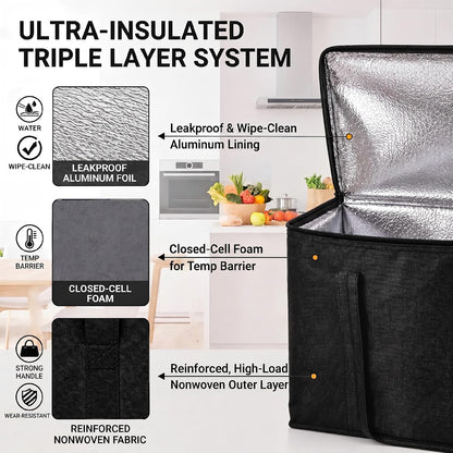 4-Pack Extra Large Insulated Grocery Bags, Collapsible Cooler Bags with Zipper, Multi-Purpose Insulated Tote Bags for Shopping, Camping, Beach, and Trips (16.1" x 10.2" x 13", Black)