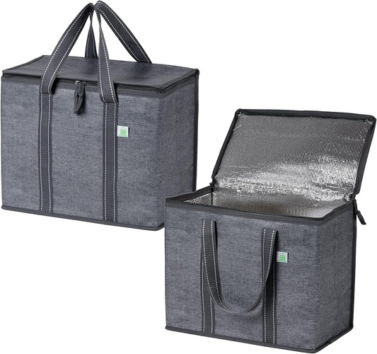 VENO 2 Pack Insulated Grocery Bags, Collapsible Cooler, Hard Bottom, Gray