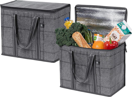 VENO 2 Pack Insulated Grocery Bags, Hard Bottom, Windowpane